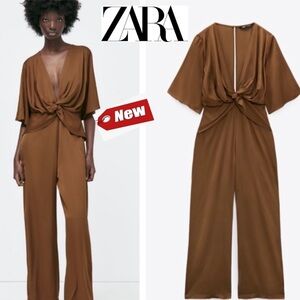 Zara Special Edition brown satin effect twist front V-neck drape jumpsuit XS NWT